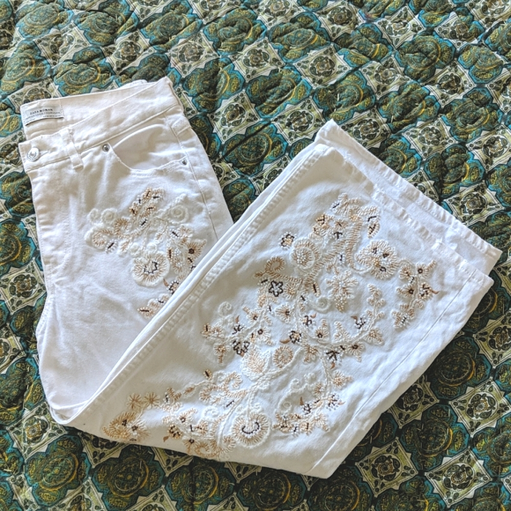Zara Woman white embroidered bead jeans